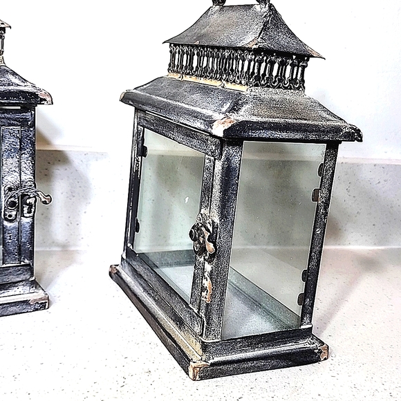 Set of 2 Lanterns. Rustic metal and glass. NEW no tags - Picture 4 of 11